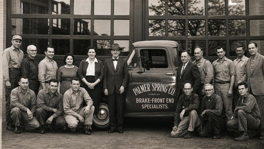 Historic photograph of the Palmer Spring Company team standing with a company truck