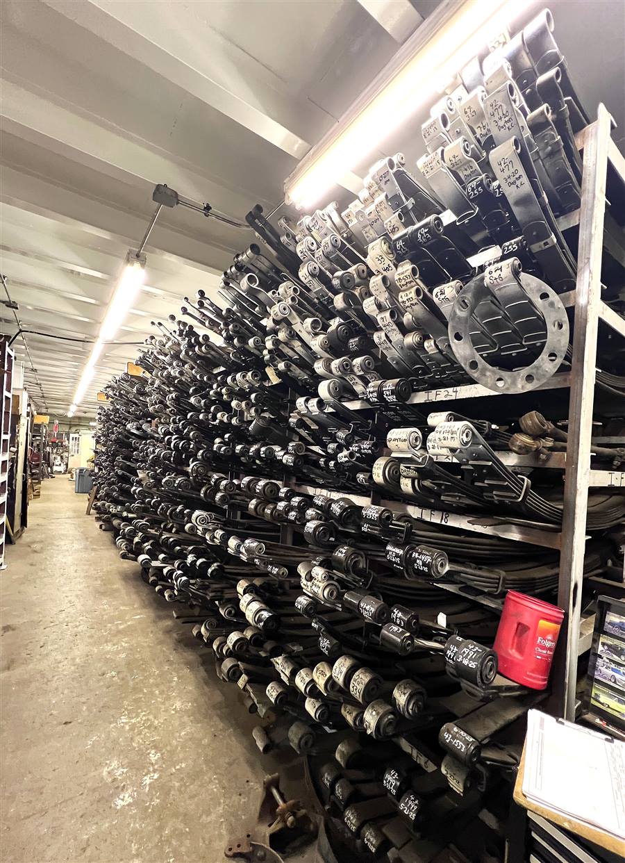Refurbished leaf spring inventory organized and tagged