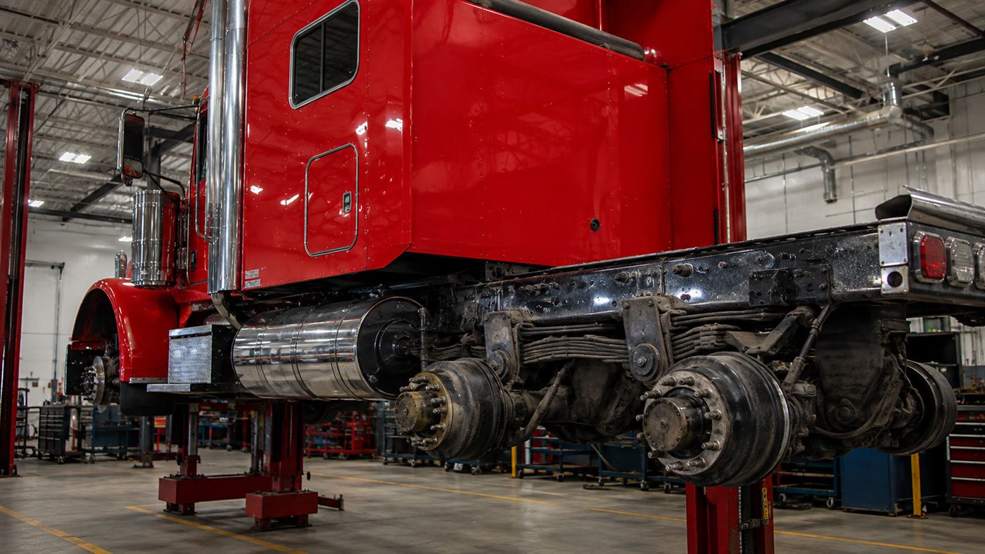Heavy-duty truck rear suspension and leaf springs under repair on a lift at Palmer Spring Company